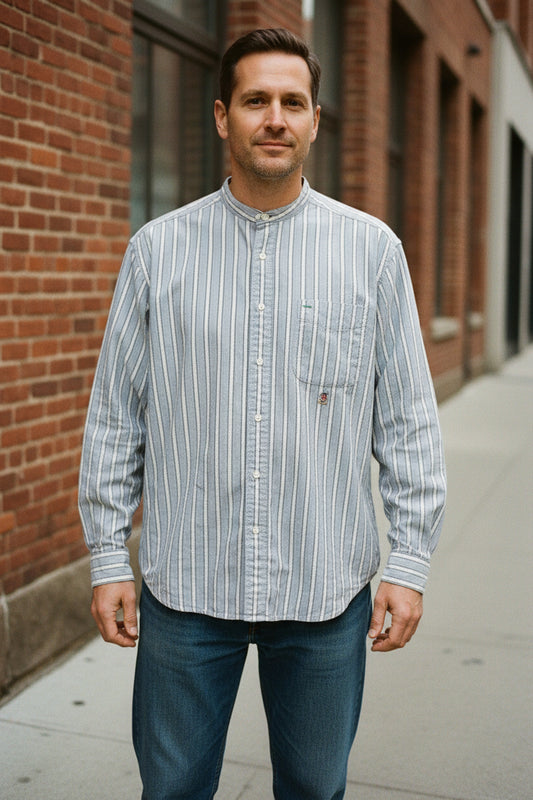 Tommy Hilfiger Vintage 90s Crest Striped Banded Collar Shirt Mens M Preowned0