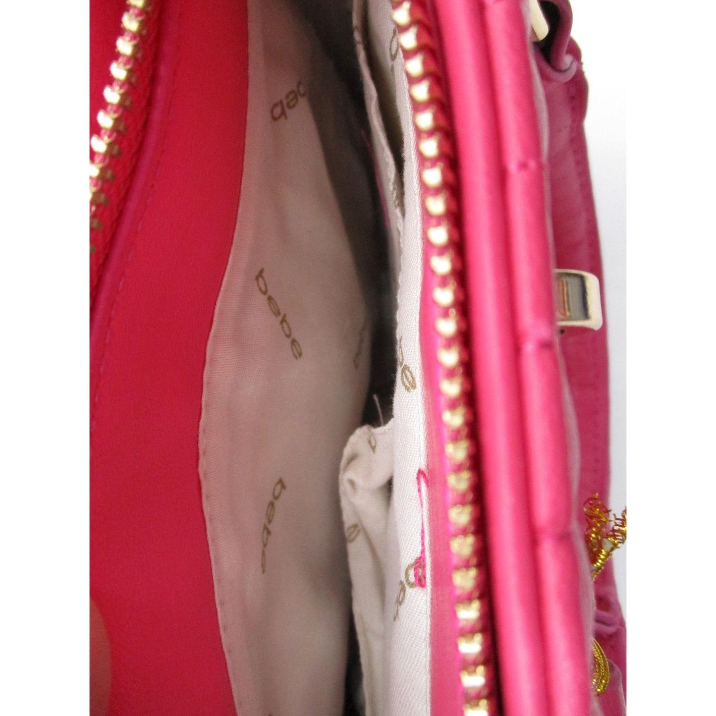 Bebe Satchel Bag Womens Mini Hot Pink Quilted Faux Leather Crossbody Purse Gold