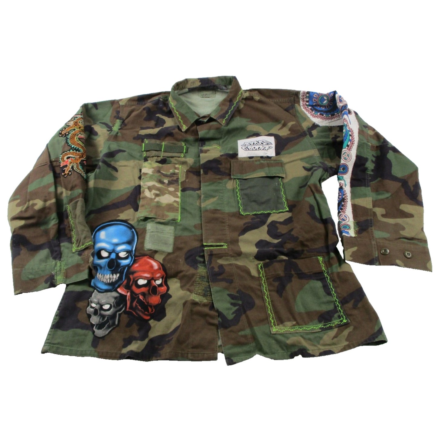 Aboves Garden Custom Jacket Mens Xlt Green Camo Military Skull Dragon Patchwork