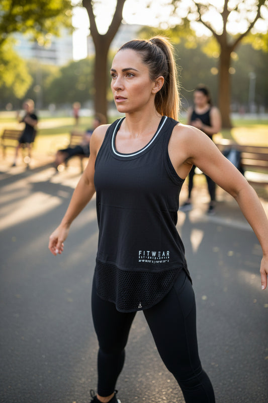 Fitwear Mesh Scoop Singlet Womens M+ US 8 Black Tank Top NWT0