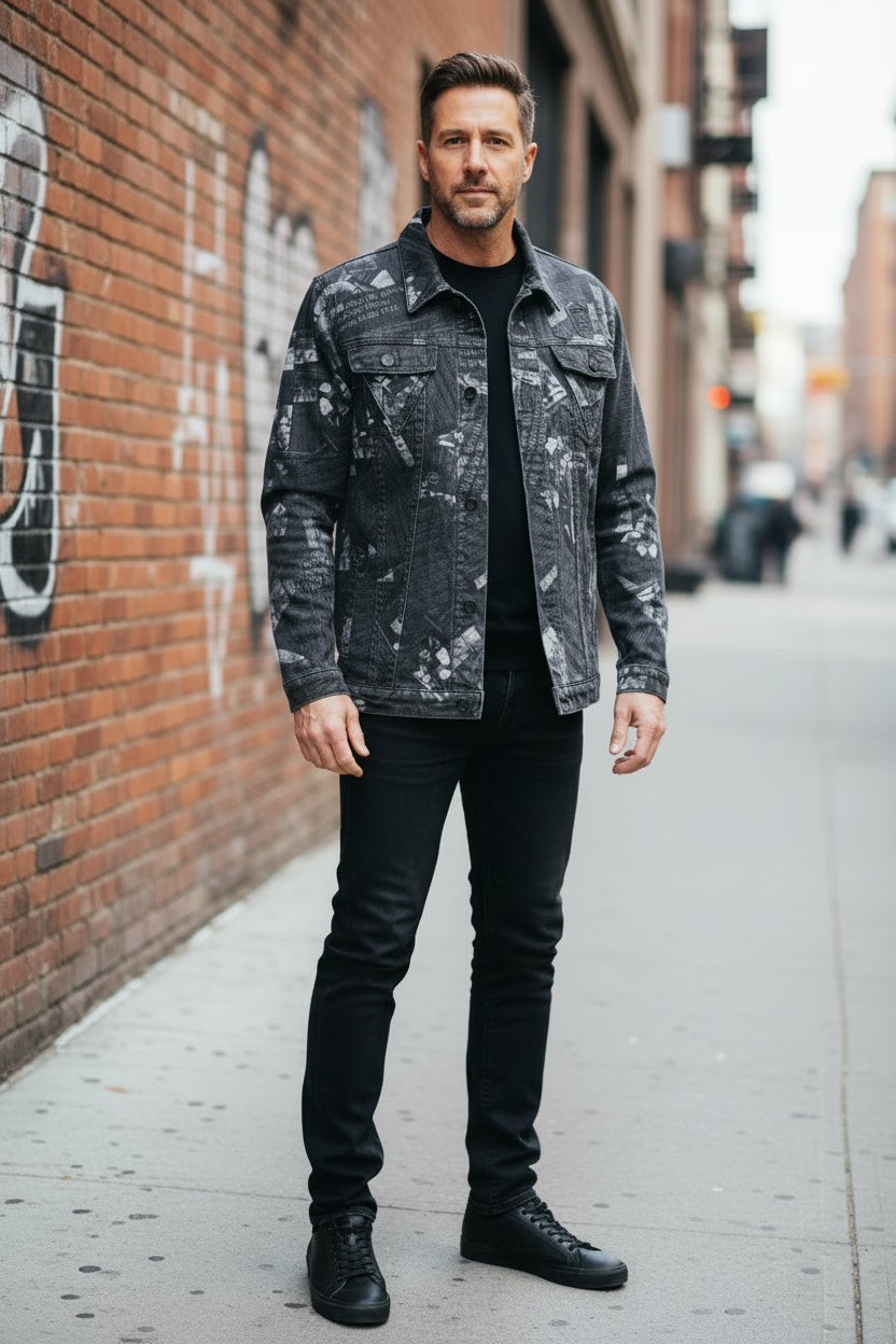 The Hideout Clothing The Coup Jacket Mens Lg Black White Denim Print NWT Limited0