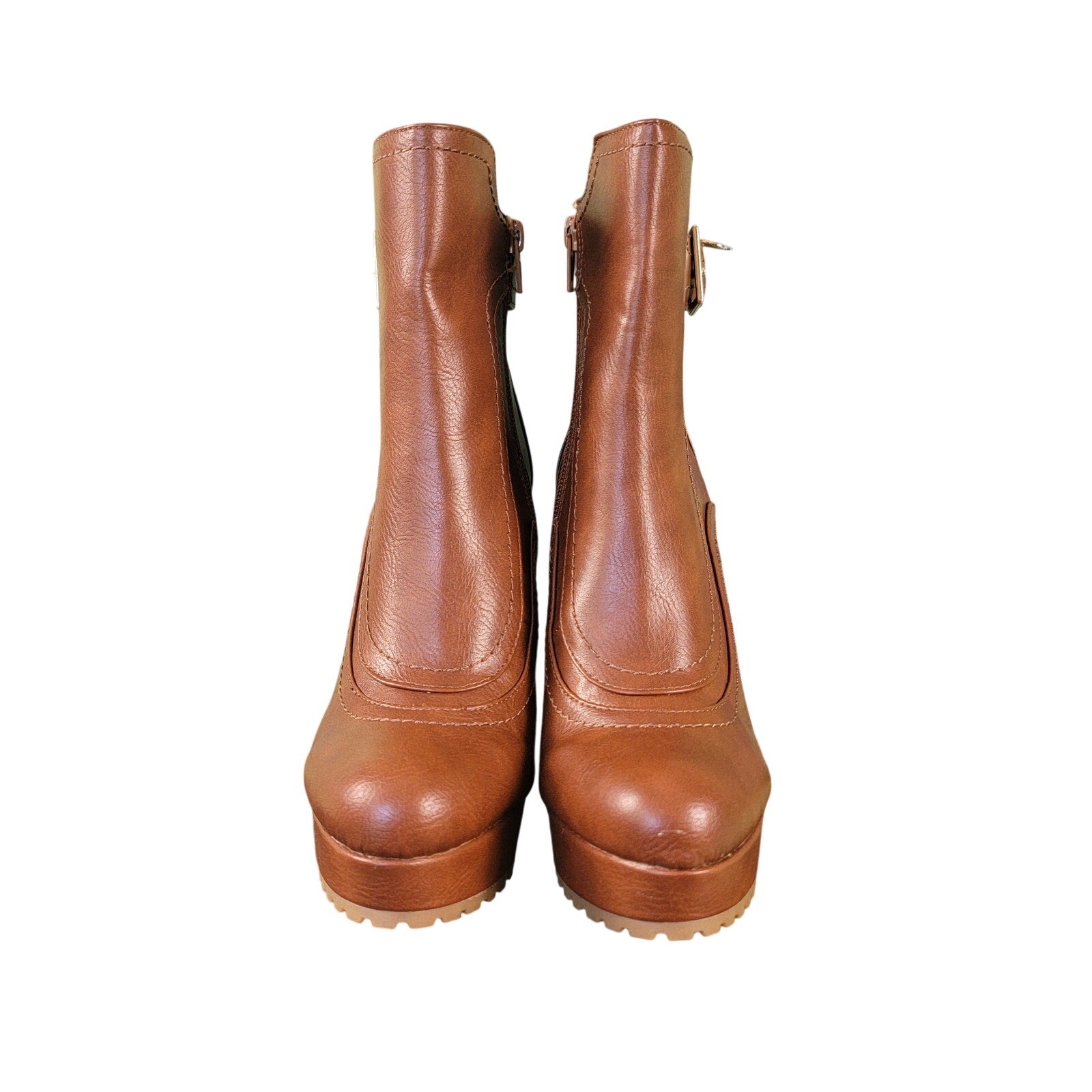 Thalia Sodi Platform Booties Womens 7 Cognac Brown Cara Lug Sole Heel Boots3